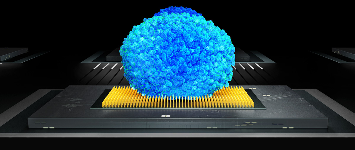 3D artistic rendering of a cell-electronic interface with microneedles penetrating an organoid. (Image source: 3Brain AG)