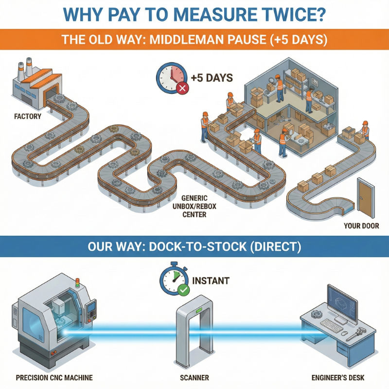 Comparison infographic showing two supply chain processes: the old way with a middleman causing a 5-day delay involving a factory, a generic unbox/rebox center, and delivery to your door, versus the direct dock-to-stock way using a precision CNC machine, a scanner, and an engineer's desk allowing instant processing.