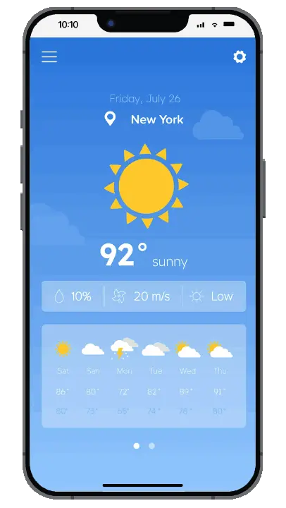 Weather app shows sunny and 92°F in New York with low precipitation and 20 m/s wind speed.
