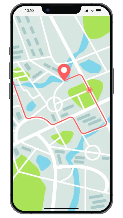 Smartphone screen displaying a city map with a red route and location marker.