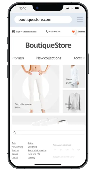 Mobile screen showing BoutiqueStore website with white leggings, blouse, and hoodie for sale.