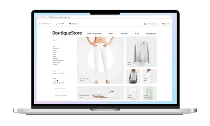 Laptop displaying BoutiqueStore website with white leggings, hoodie, shoes, and clothing items for sale.