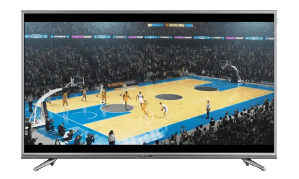Flat-screen TV showing a basketball game with players on a blue and wood court and a packed audience.