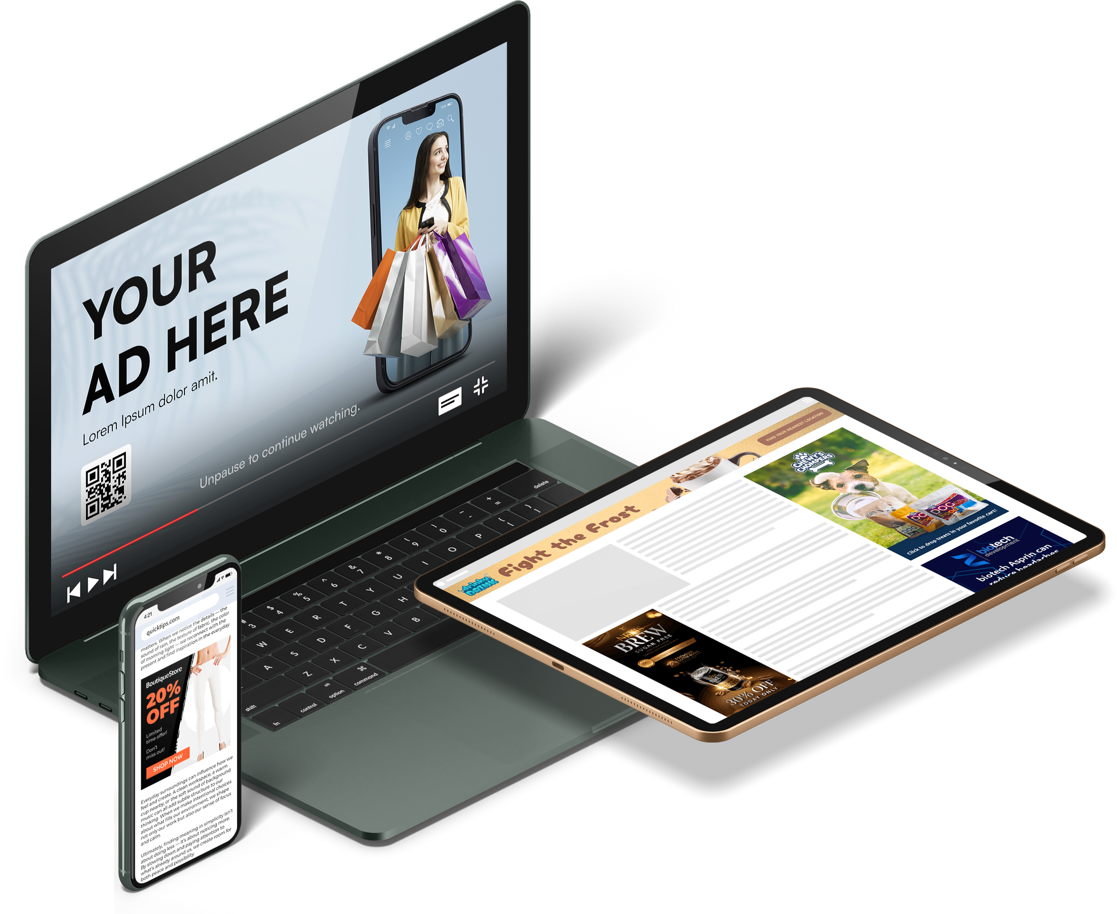 MacBook Pro screen showing a webpage with Dog food ad featuring dog holding a bowl, and coffee product ads.