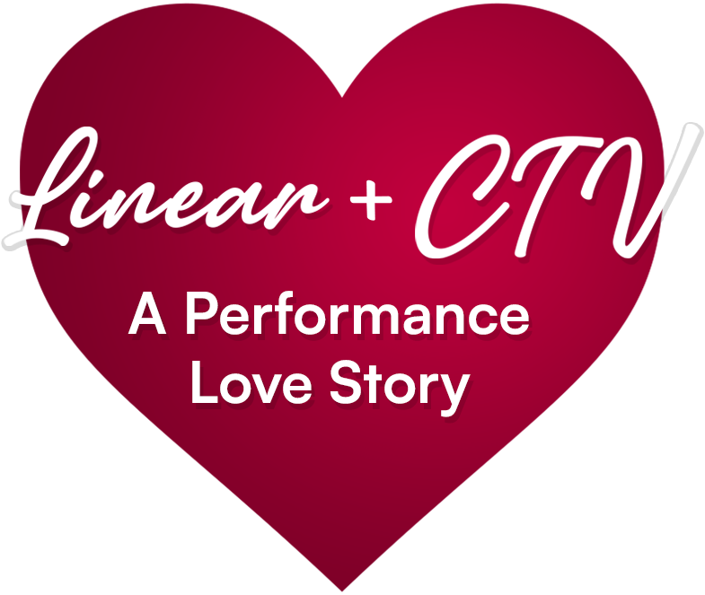 Large red heart with white text: Linear + CTV A Performance Love Story.