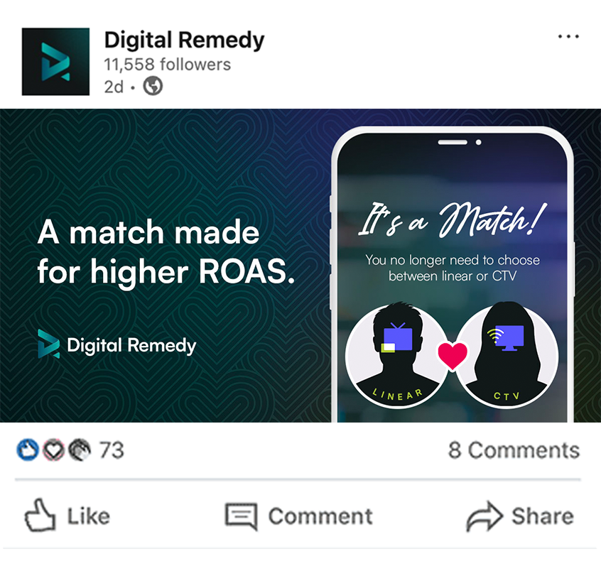 Digital Remedy ad with text: A match made for higher ROAS and It's a Match between linear TV and CTV.