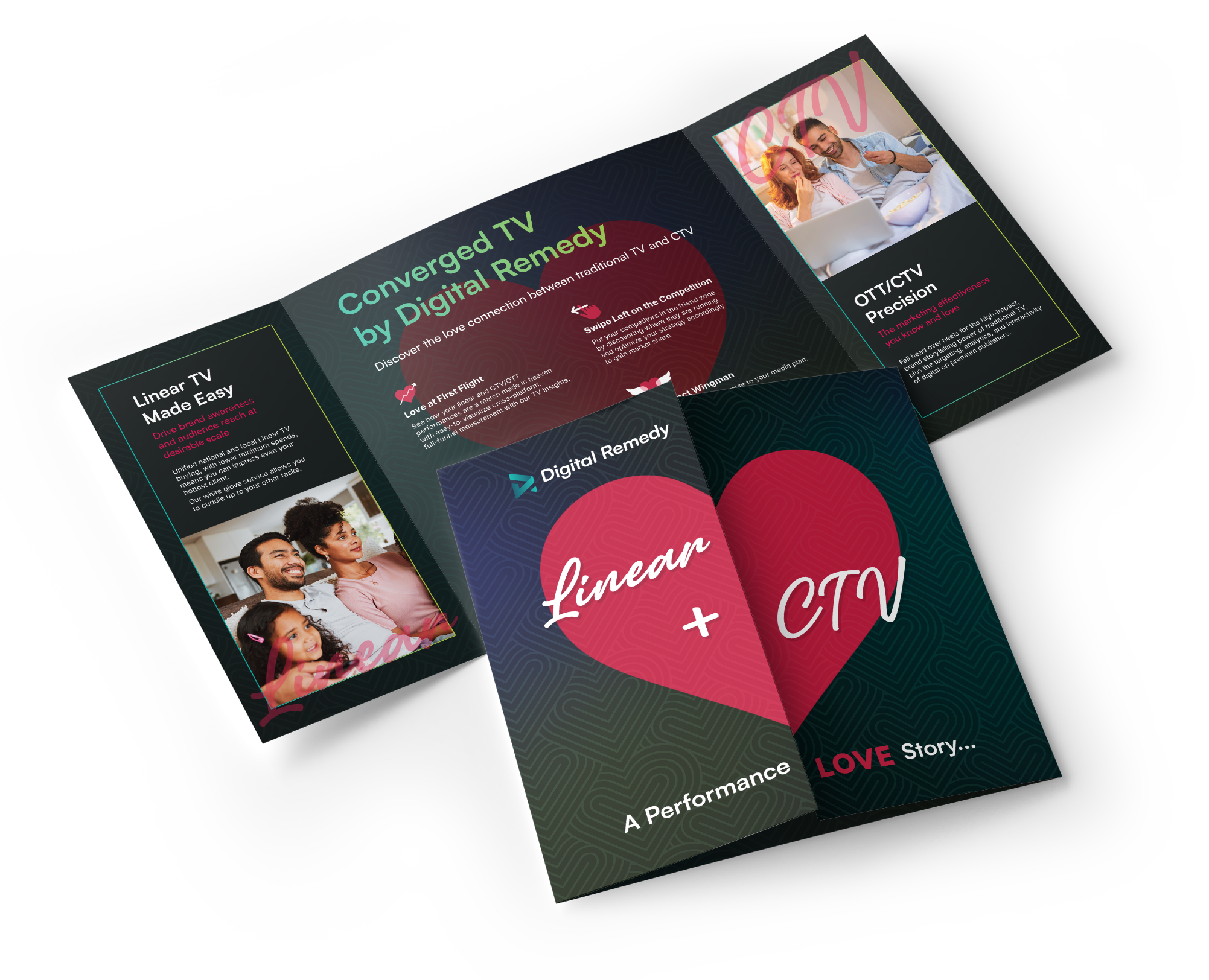 Tri-fold brochure titled Linear + CTV A Performance Love Story by Digital Remedy with TV and streaming content.
