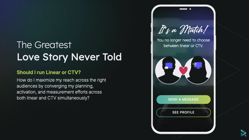 Presentation slide showing a phone with 'It's a Match!' and text about choosing between linear and CTV advertising.