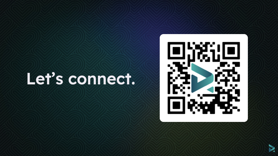 Text 'Let’s connect.' next to a QR code with a stylized letter D in the center on a patterned background.