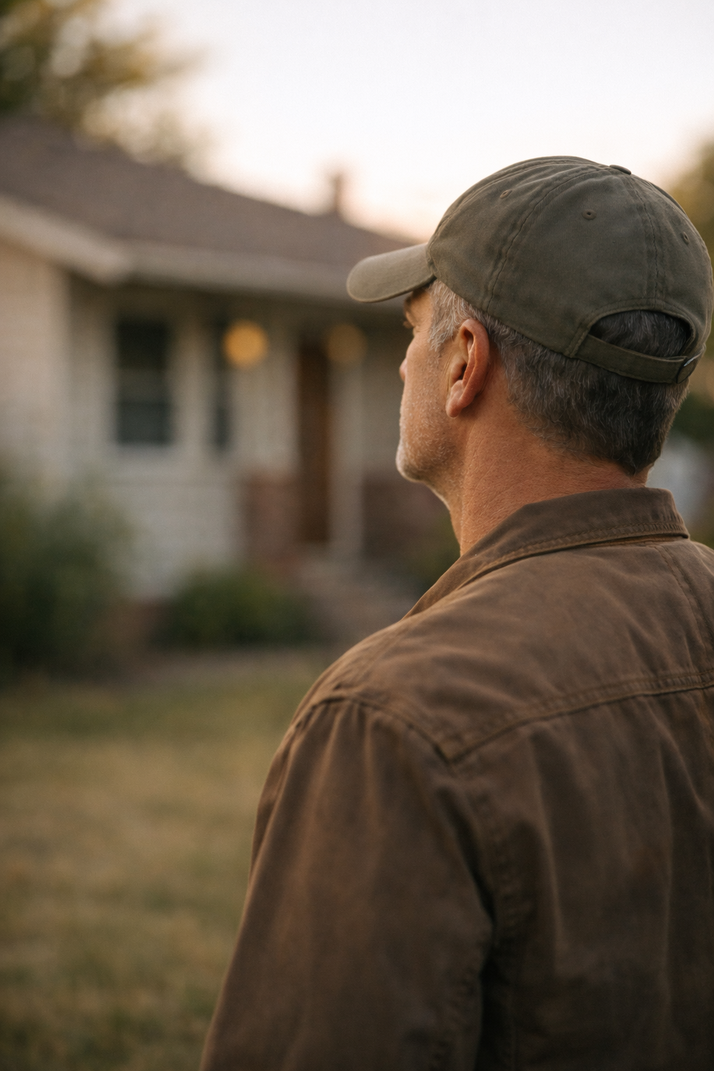 Man in a brown jacket and green cap looking at a house during sunset.