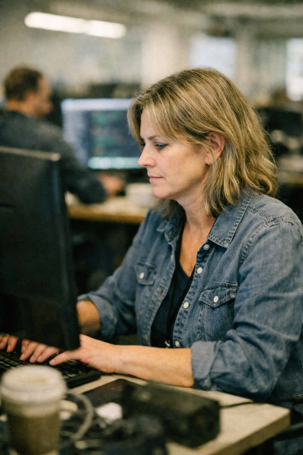 Woman with blonde hair working on a computer keyboard in an office setting.