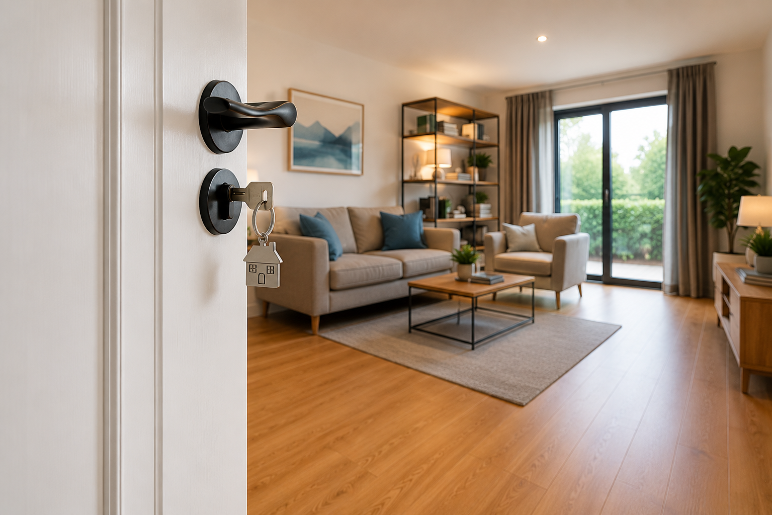 Open door with a key in the lock featuring a house-shaped keychain, leading to a modern living room.