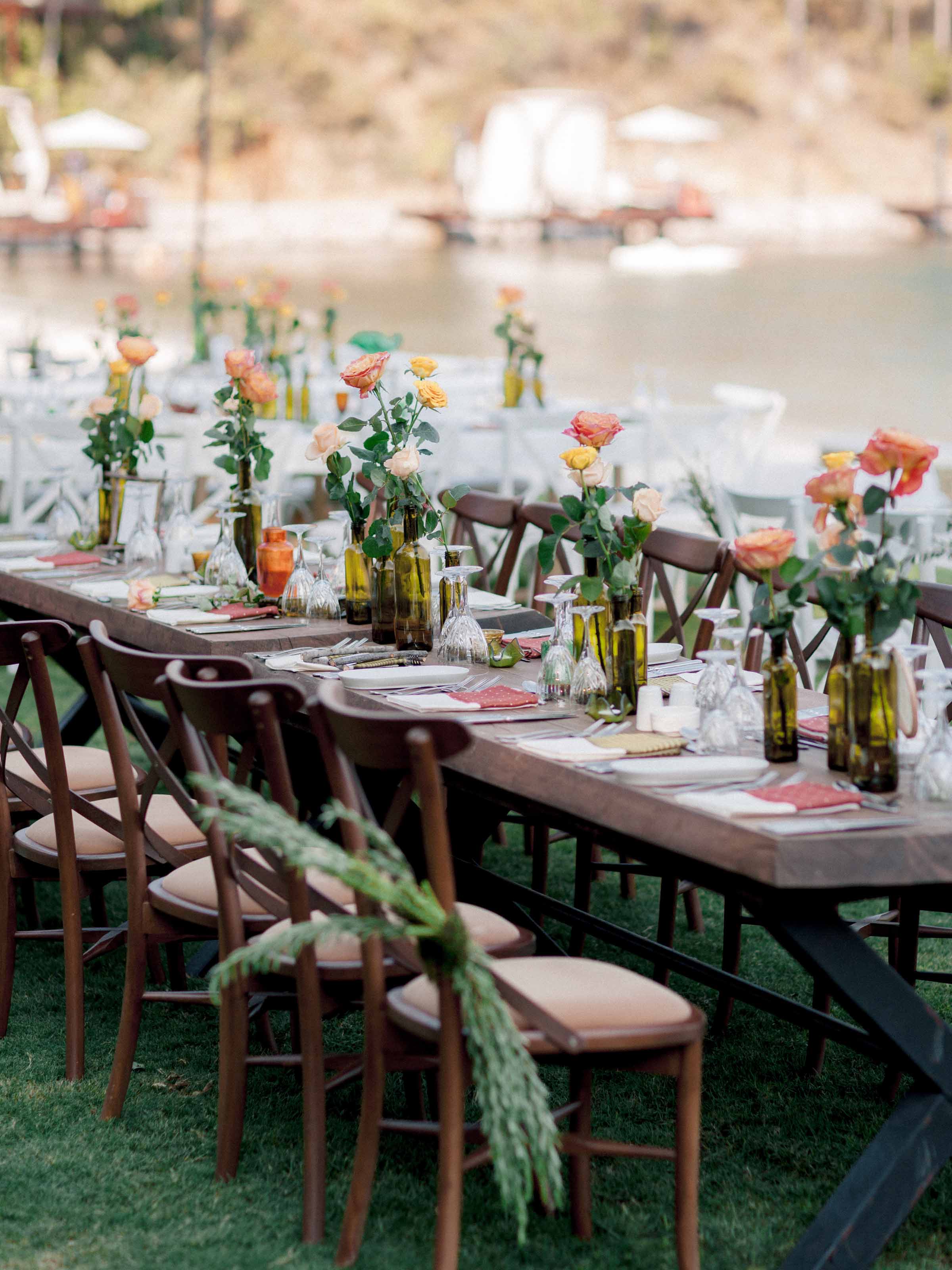 Long reception table set beside the water, Gocek, Turkiye