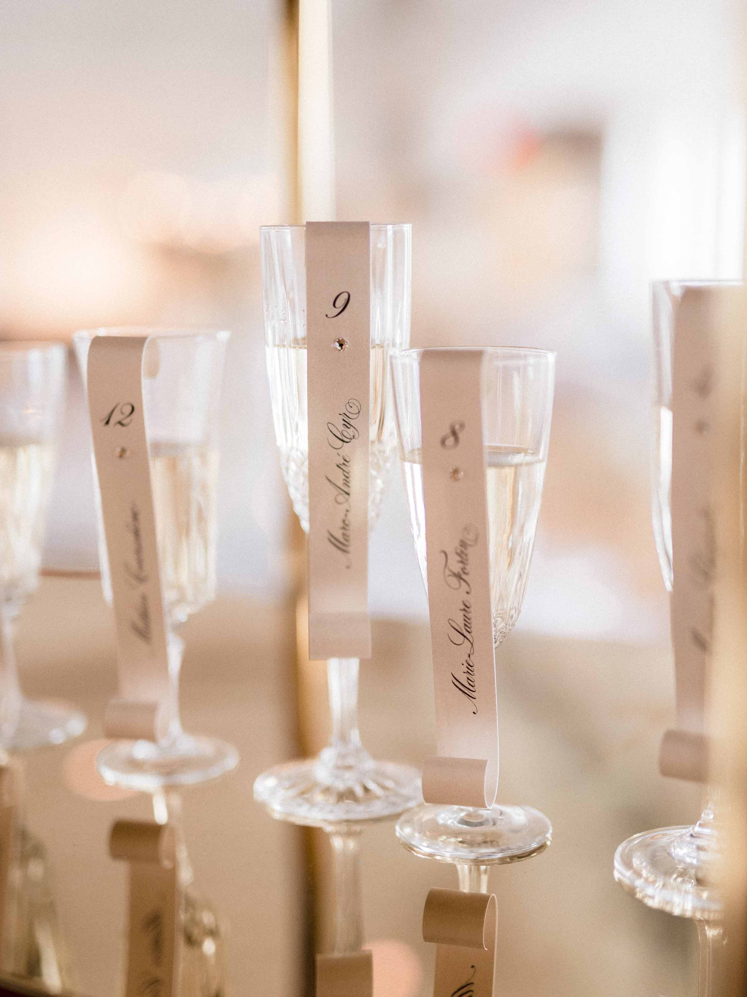 Champagne flutes tagged with table numbers, Salle des Promotions, Québec City