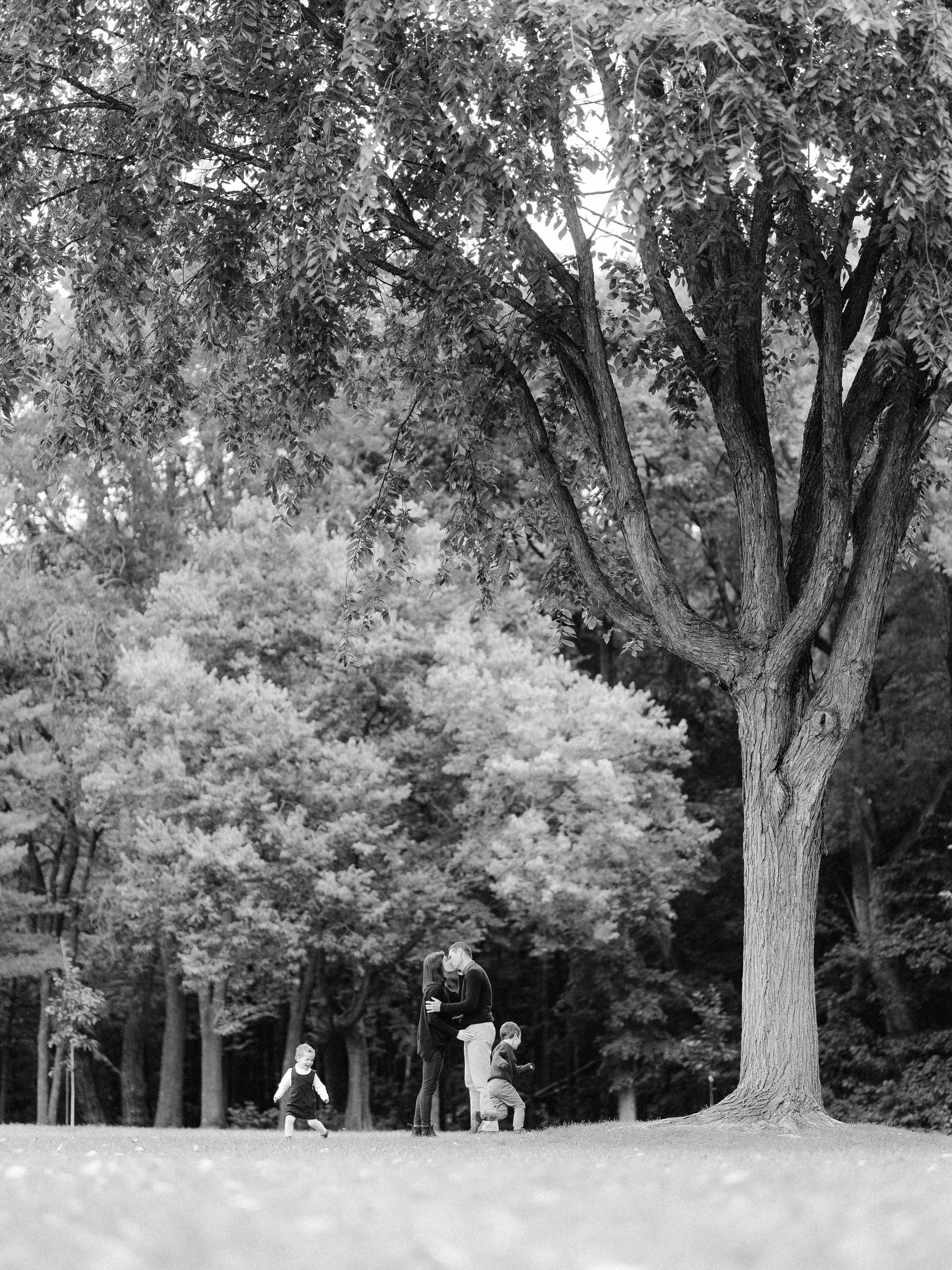 Famille marchant en silhouettes sous un grand arbre, noir et blanc, ville de Québec
