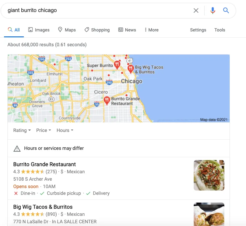 local SEO for restaurant example