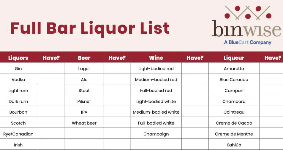 full bar liquor list