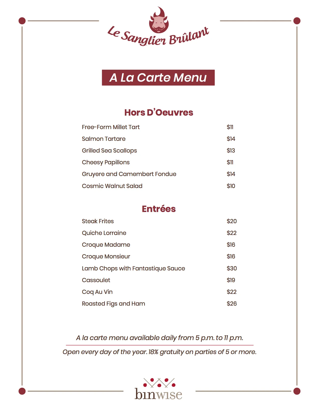 an a la carte menu sample