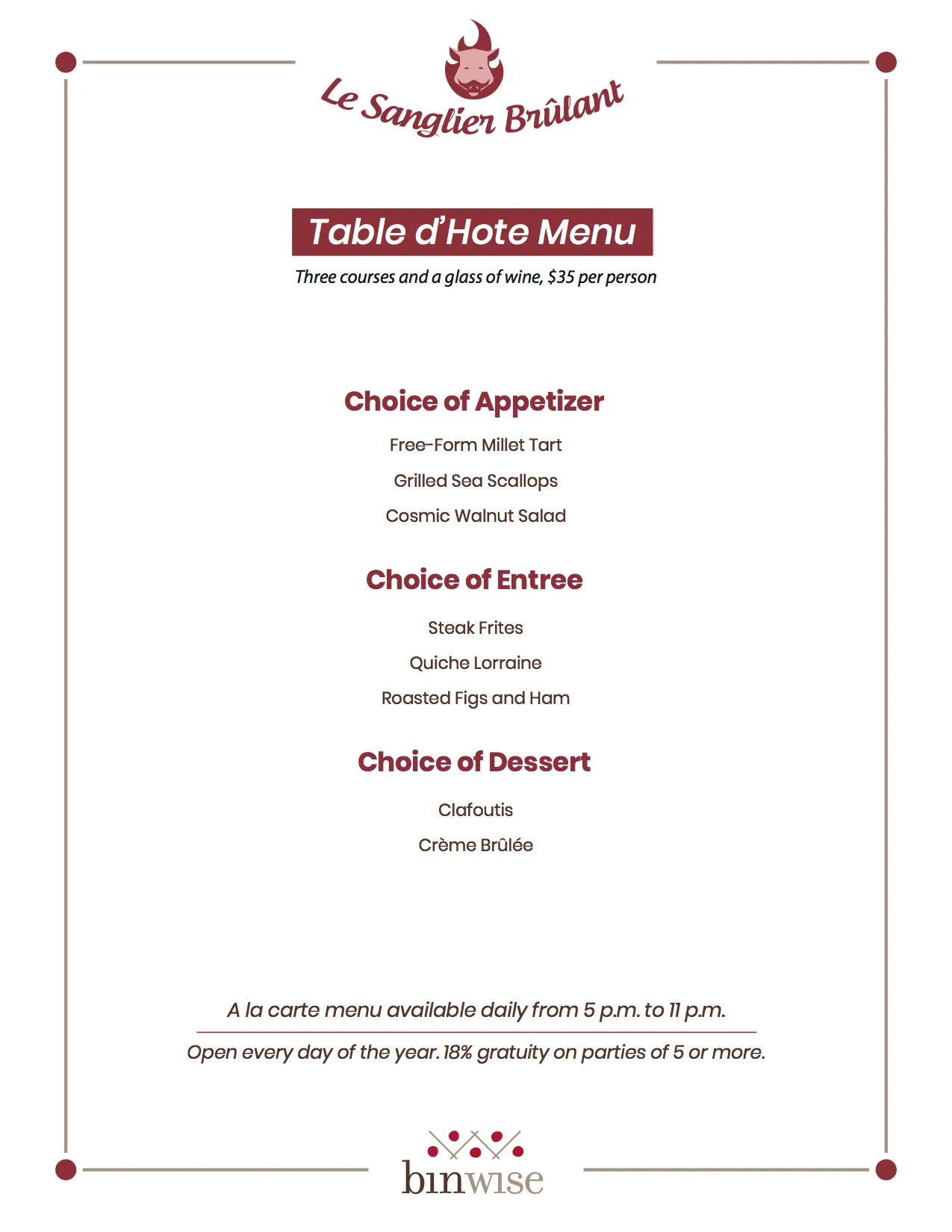 table d'hote sample menu