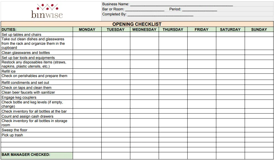 bar opening and closing checklist