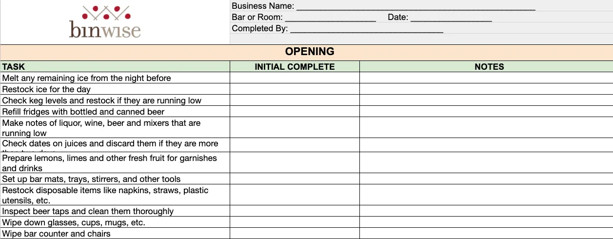 bar cleaning checklist
