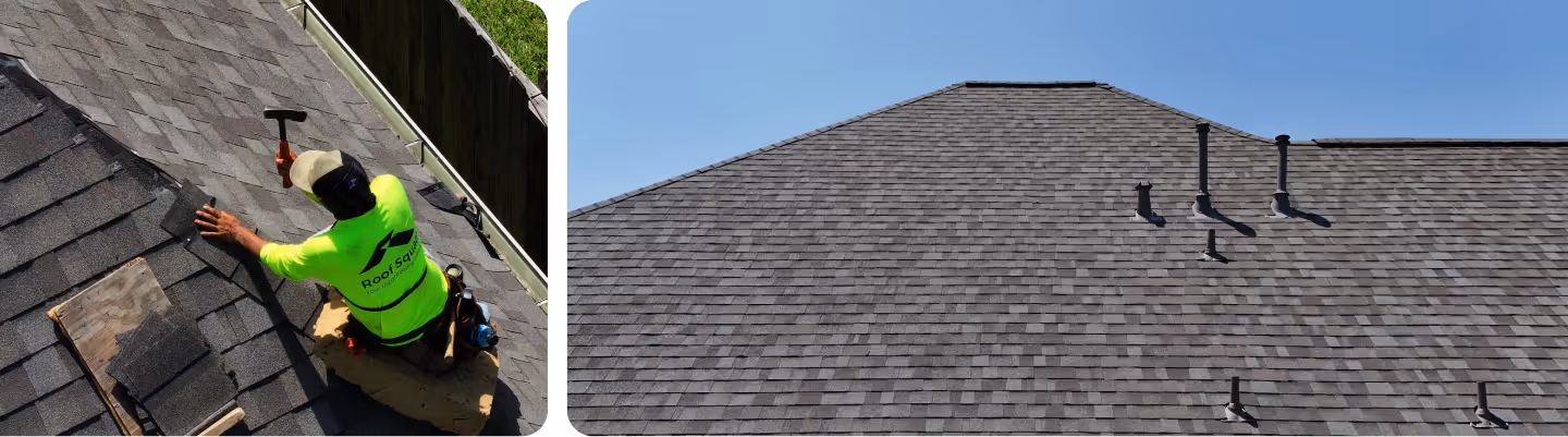 Roofer in a neon green shirt installing shingles on a roof with a hammer, next to a completed section of shingled roof under a clear blue sky.