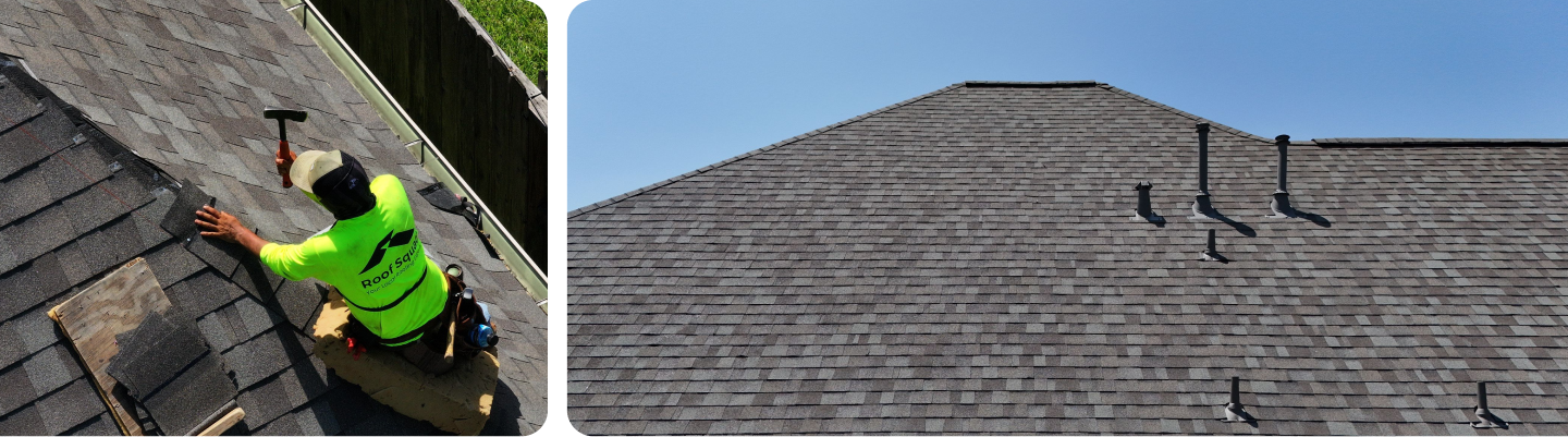 Roofer in a neon green shirt installing shingles on a roof with a hammer, next to a completed section of shingled roof under a clear blue sky.