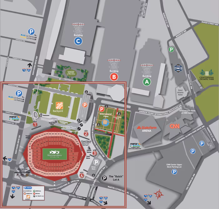 Exterior map of Mercedes-Benz Stadium and the surrounding buildings/locations