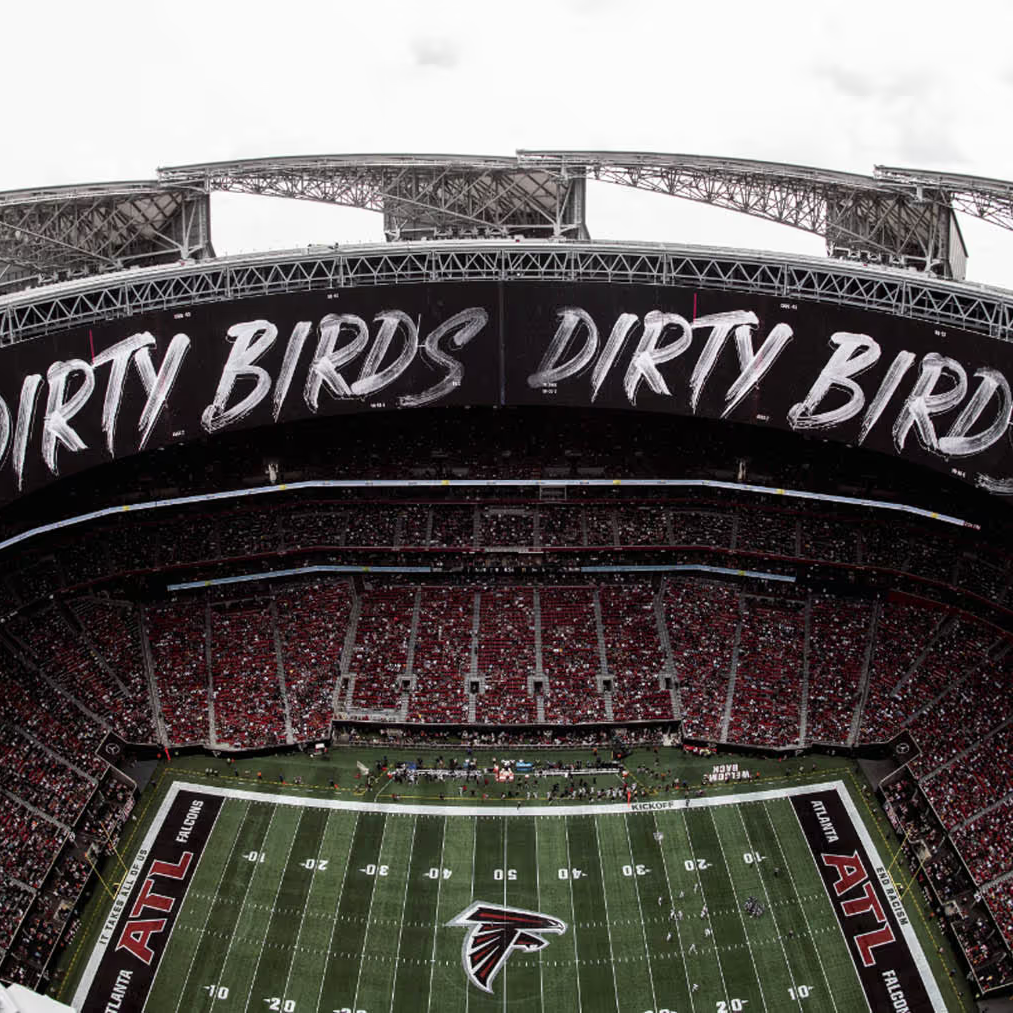 Aerial view of Mercedes-Benz Stadium in downtown Atlanta