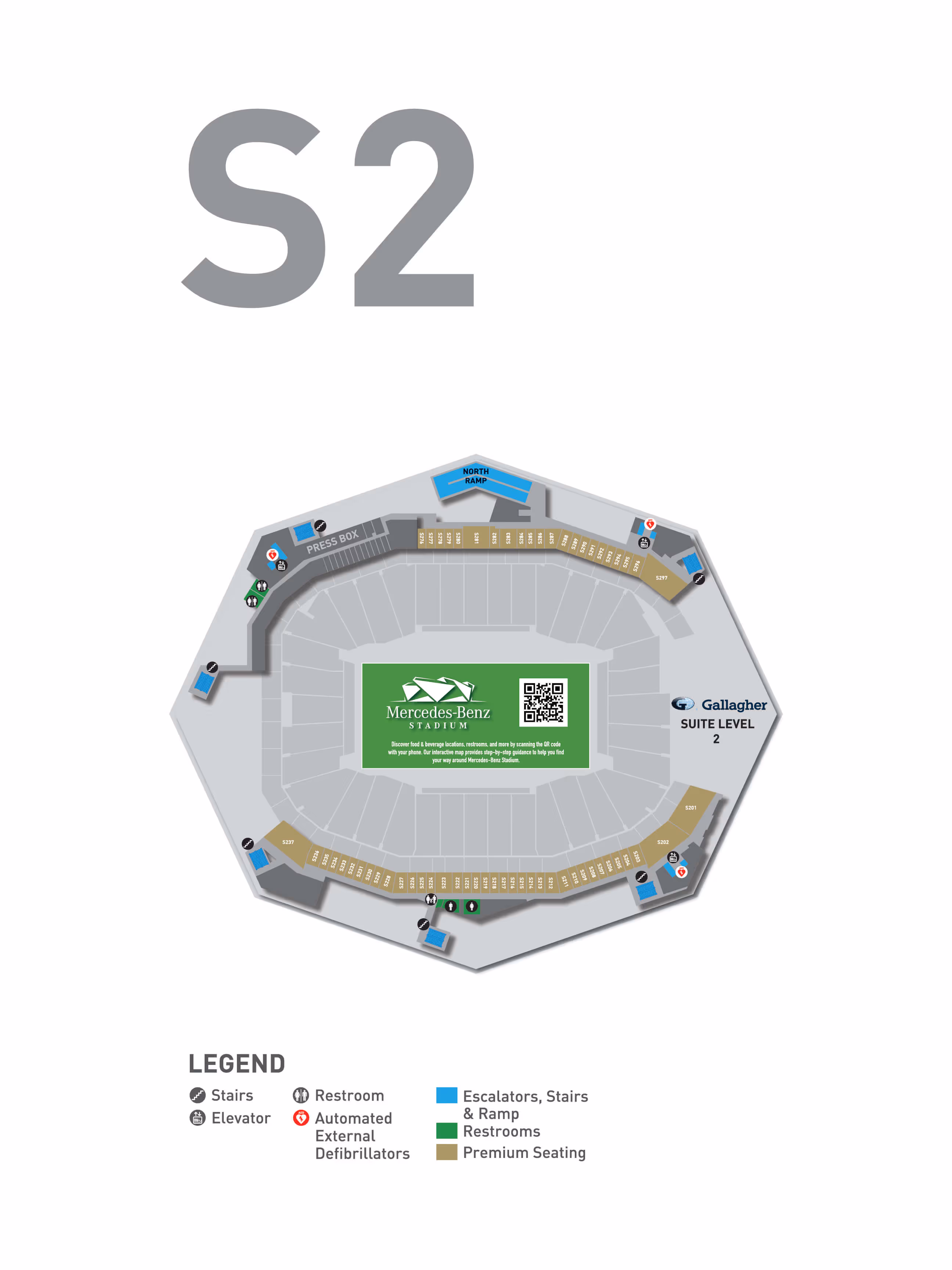 A directory map of suite level one at Mercedes-Benz Stadium.
