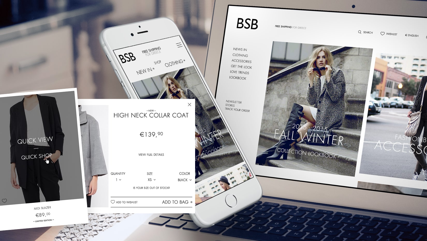 Laptop and phone showing BSB fashion website with clothing and accessories for fall and winter.