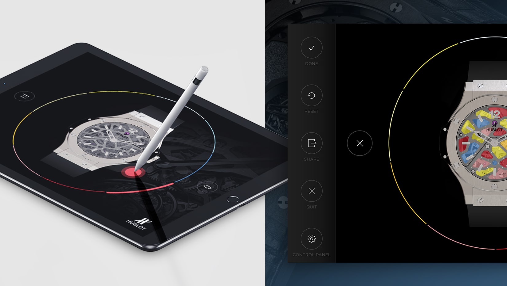 Tablet showing Hublot watch design app with stylus adjusting colorful watch face elements.