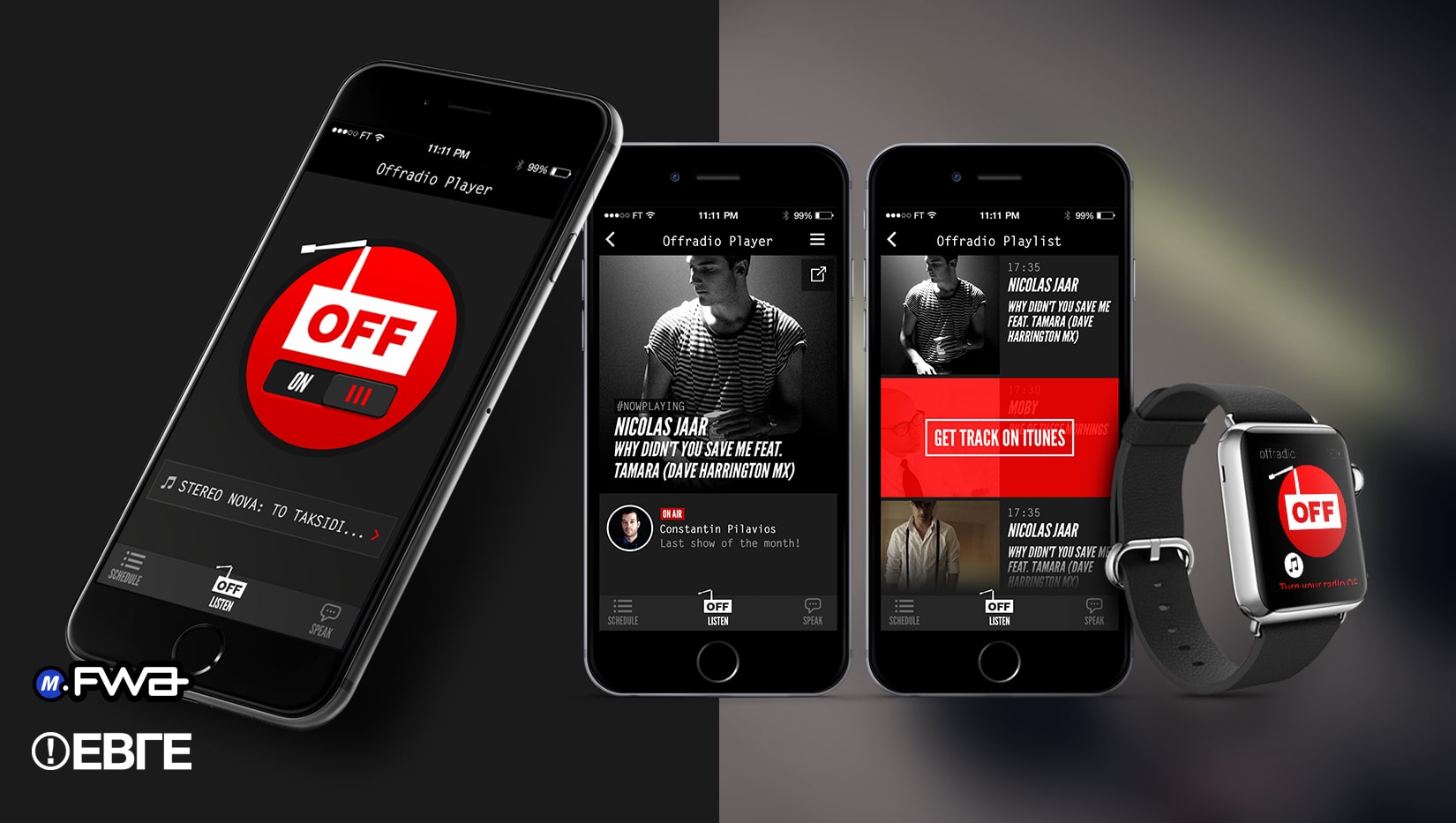 Offradio app shown across multiple mobile screens