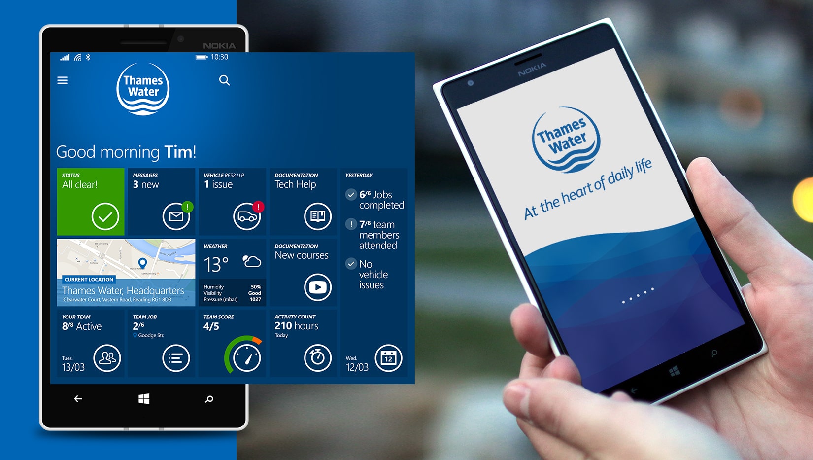 Hand holding Nokia phone showing Thames Water app with greeting and job status dashboard on screen.