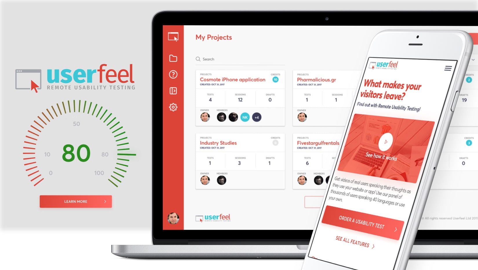 Userfeel remote usability testing interface displayed on laptop and mobile with project stats and test options.