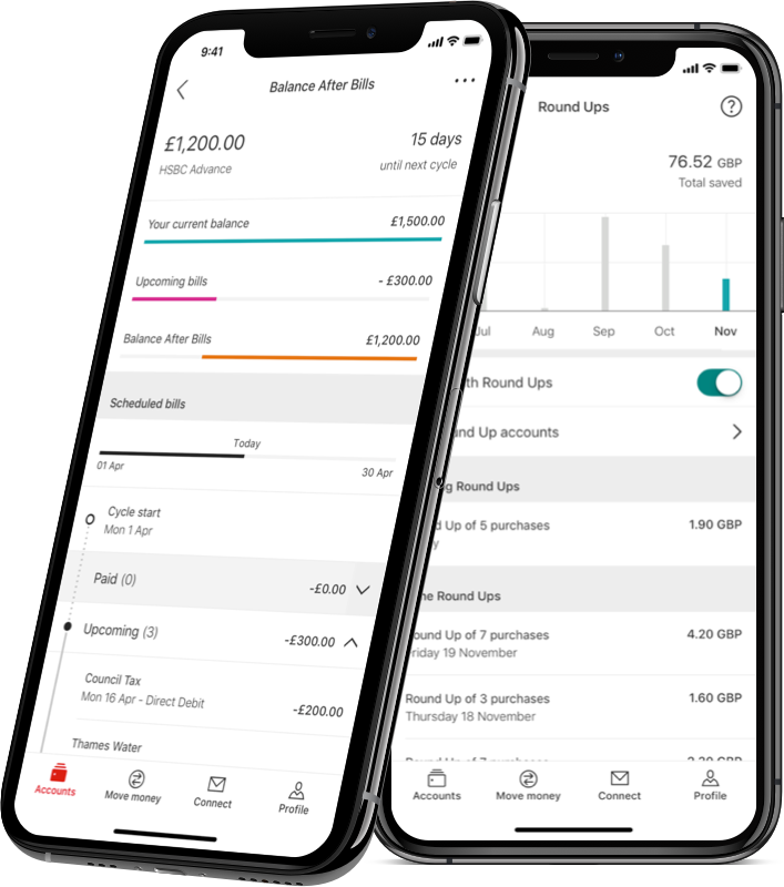 HSBC app account and spending insight screens on two phones