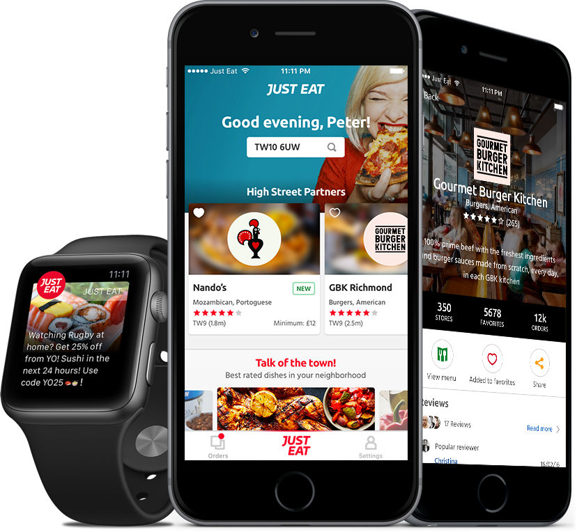 Smartwatch and two smartphones displaying Just Eat app interfaces with restaurant options and deals.