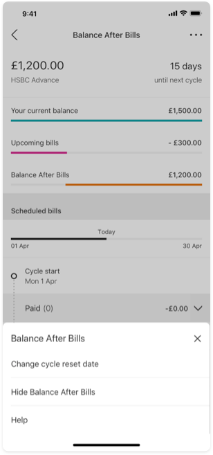 HSBC app Balance After Bills overview screen