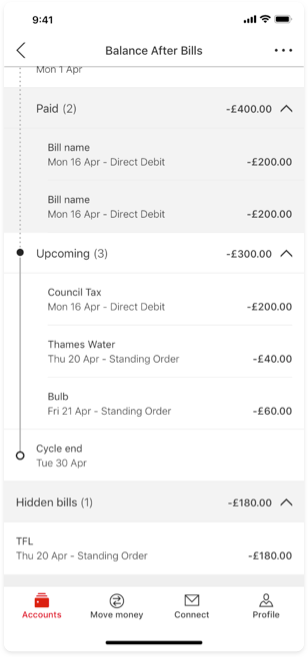 HSBC app Balance After Bills upcoming payments