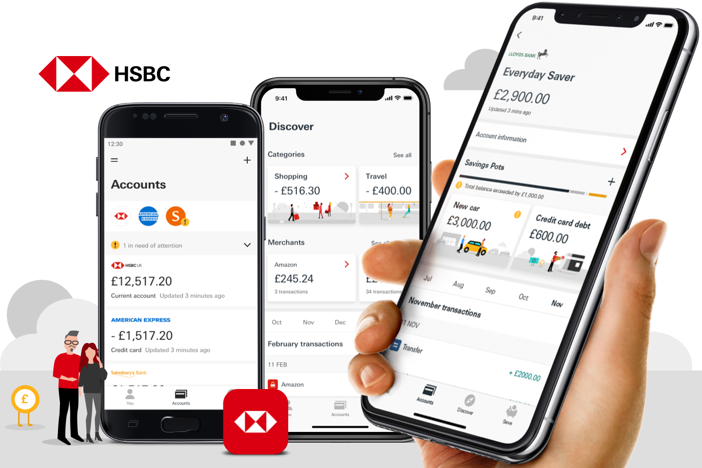 Three smartphones displaying HSBC banking app screens with account balances and transactions.