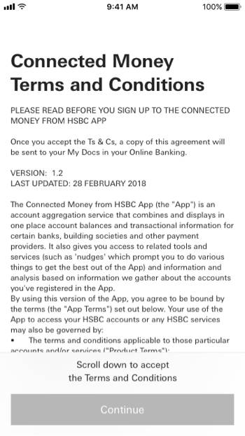 Mobile screen showing Connected Money Terms and Conditions from HSBC with a greyed-out Continue button.