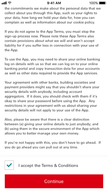 App terms and conditions text with a checked box for agreement and a red Continue button below.
