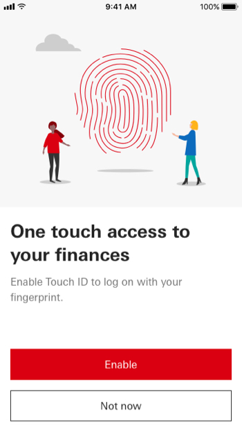 Mobile screen showing enable Touch ID for fingerprint login with Enable and Not now buttons.