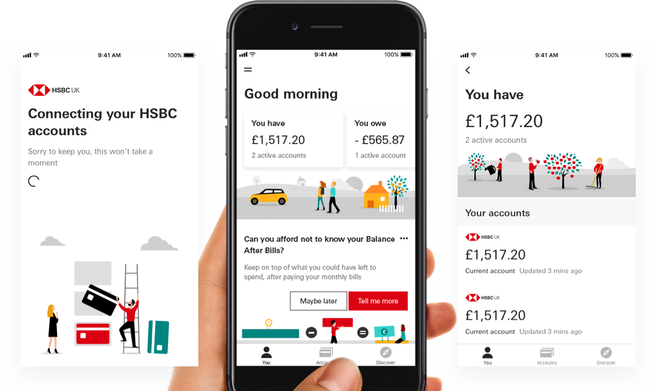 Three HSBC UK mobile screens showing account connection, balance summary, and detailed account info.