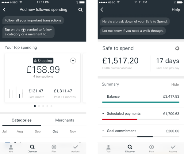 Two HSBC app screens showing followed spending and safe to spend with balances and transactions.
