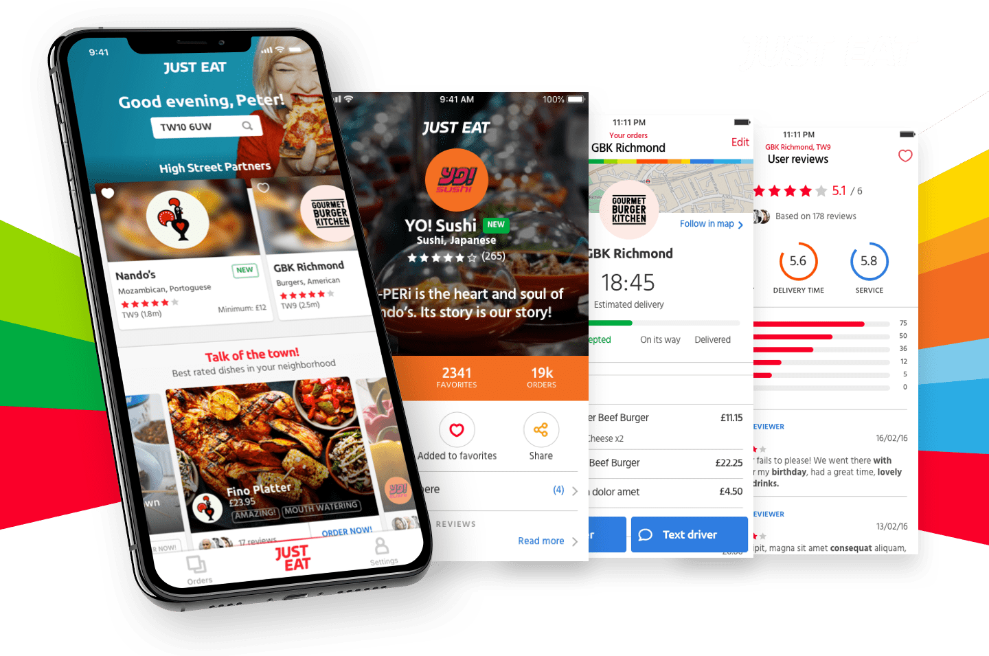Just Eat app screens showing restaurant listings, menu details, order tracking, and user reviews.