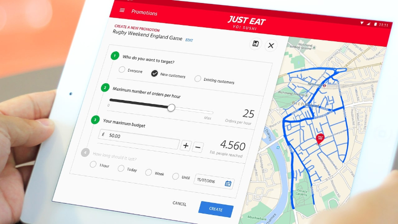 Tablet showing Just Eat app promotions setup for Rugby Weekend England Game with targeting options and map.