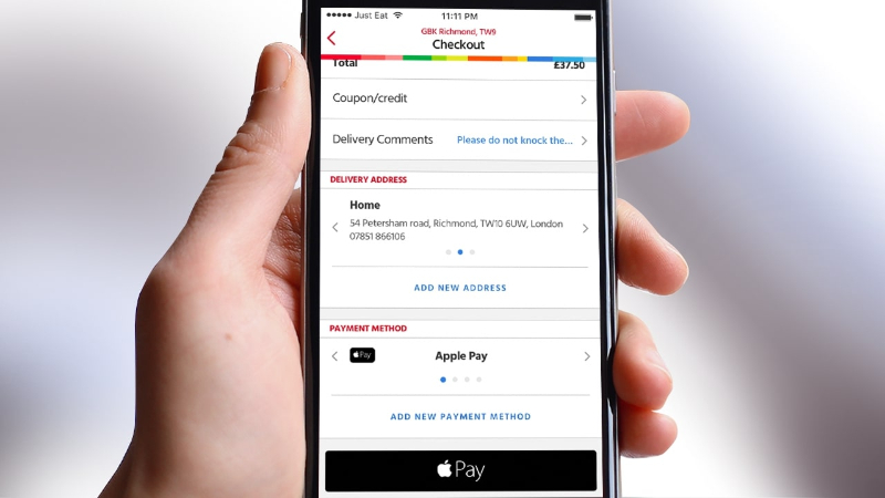 Hand holding smartphone displaying checkout screen with Apple Pay as payment method.