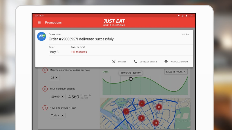 Just Eat app screen showing order #290039571 delivered with driver Harry P. 13 minutes late notification.