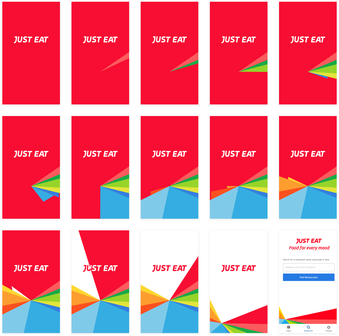 Animation frames showing Just Eat app splash screens with colorful geometric shapes expanding outward.
